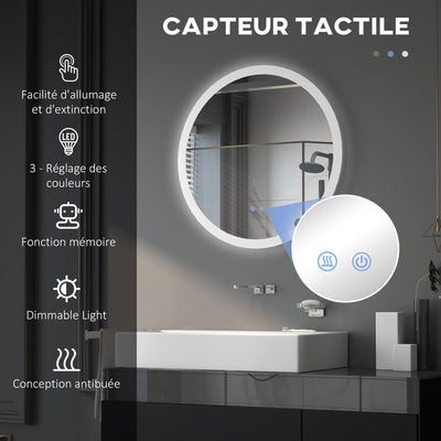 Miroir rond lumineux LED de salle de bain Ø 70 cm mural éclairage interrupteur tactile système antibuée 35W blanc argent