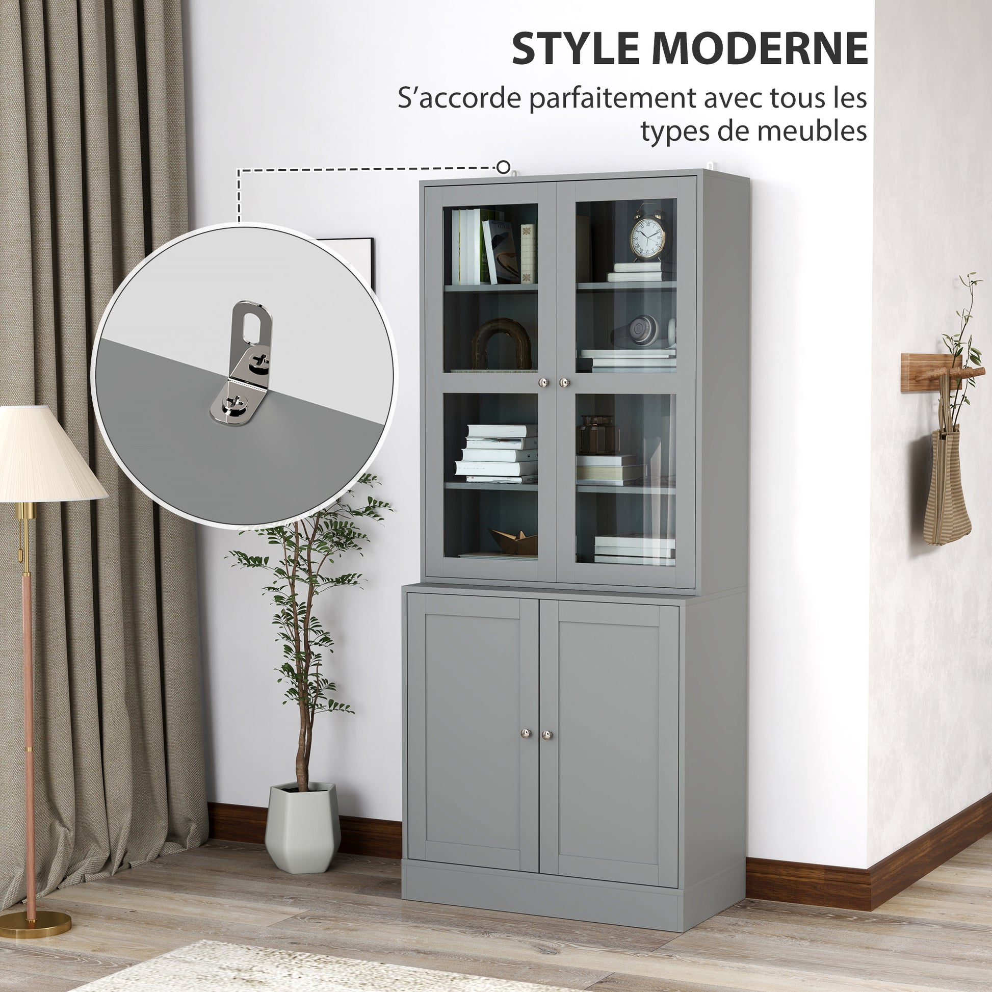 Bibliothèque vitrine, meuble de rangement à 6 niveaux avec 4 portes dont 2 en verre trempé, étagères réglables, gris