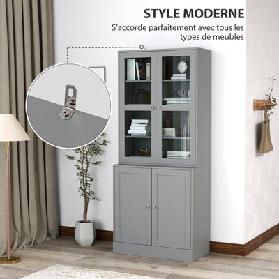Bibliothèque vitrine, meuble de rangement à 6 niveaux avec 4 portes dont 2 en verre trempé, étagères réglables, gris