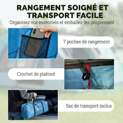 Grande Tente Tunnel Camping 4 Personnes 3-4 Saisons Hauteur d'Homme 2 m Séjour XL 3,7 m Imperméable 3000mm Bleu