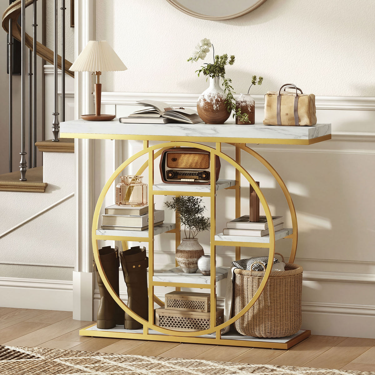 Table Console d'Entrée Meuble d'Entrée Industrielle 6 Étagères Rangement Plateau 4cm 100 x 30 x 81,5cm Blanc