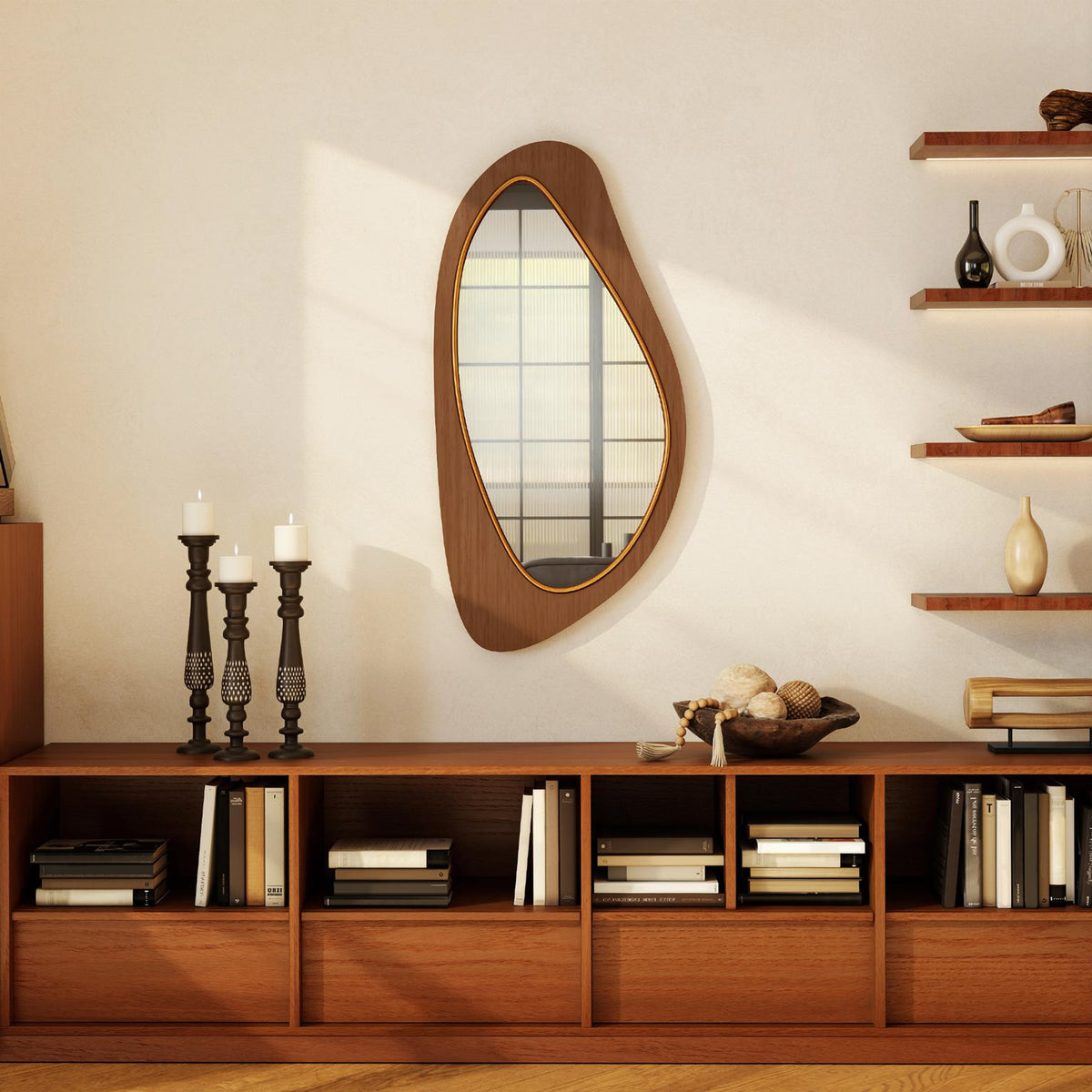 Miroir mural asymétrique 91,5 x 45 cm, miroir suspendu moderne, cadre en bois, effet bois naturel
