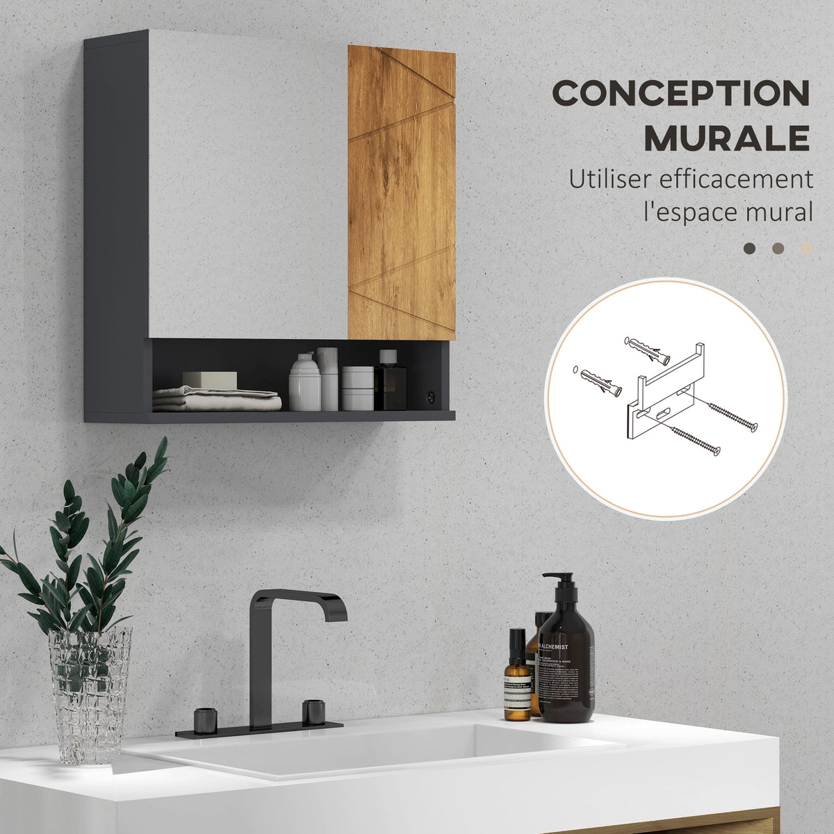 Armoire murale miroir de salle de bain placard de rangement 2 portes 55 x 17 x 55 cm naturel gris foncé