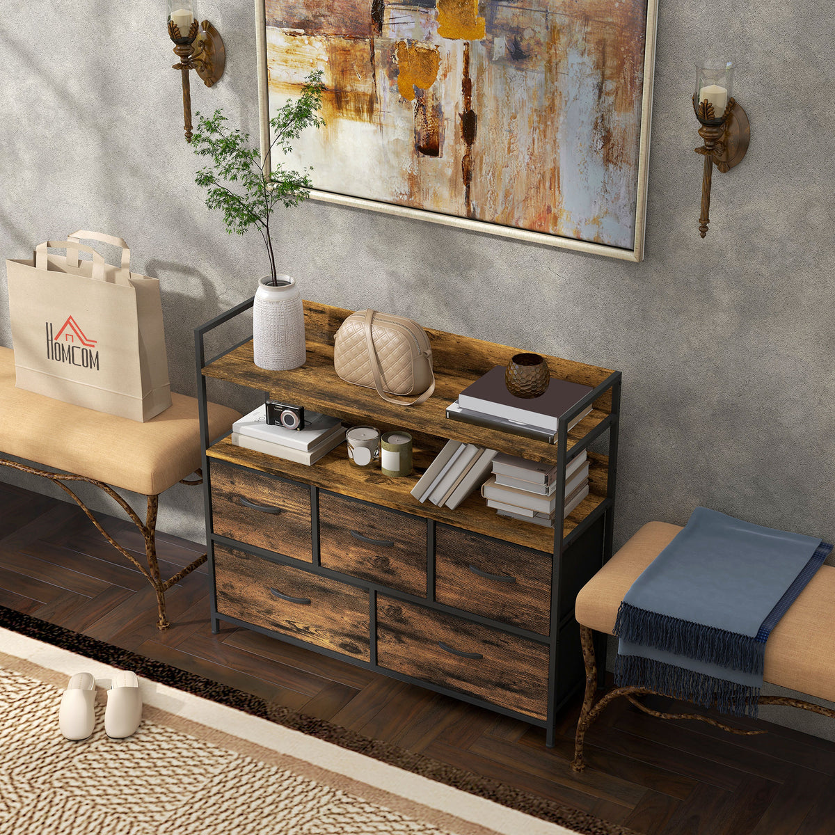Commode, meuble de rangement, 5 tiroirs en tissu pliables et amovibles et étagères, 98 x 29 x 85 cm, brun rustique
