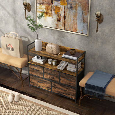 Commode, meuble de rangement, 5 tiroirs en tissu pliables et amovibles et étagères, 98 x 29 x 85 cm, brun rustique