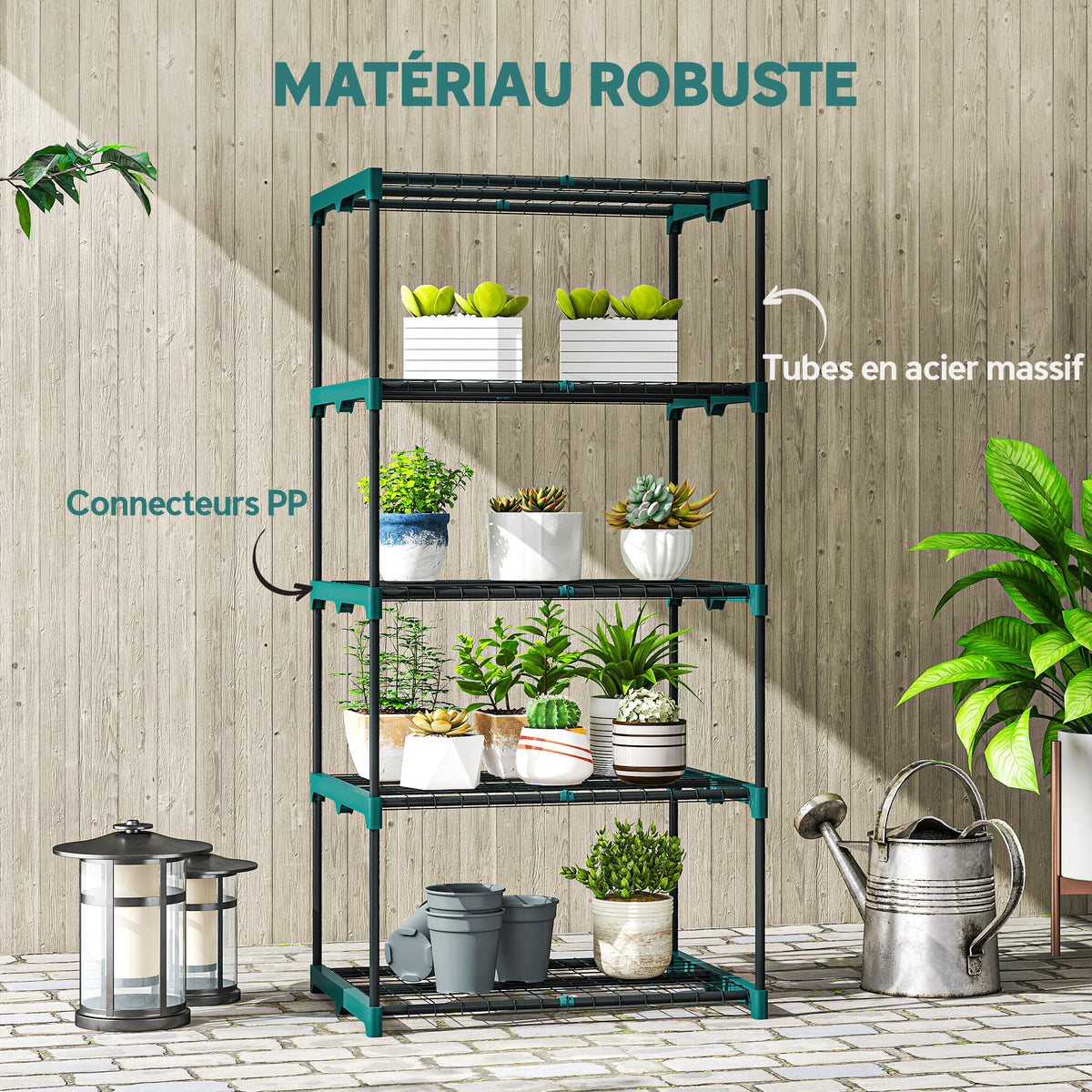 Étagère à fleurs en acier 5 niveaux intérieur et extérieur support de plantes pour jardin balcon salon 67x49x138cm vert