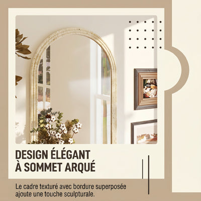 Miroir Mural Arqué, Miroir Moderne avec Bord Rainuré et Crochets, Verre Trempé et Polystyrène, 60 x 90 cm, Beige