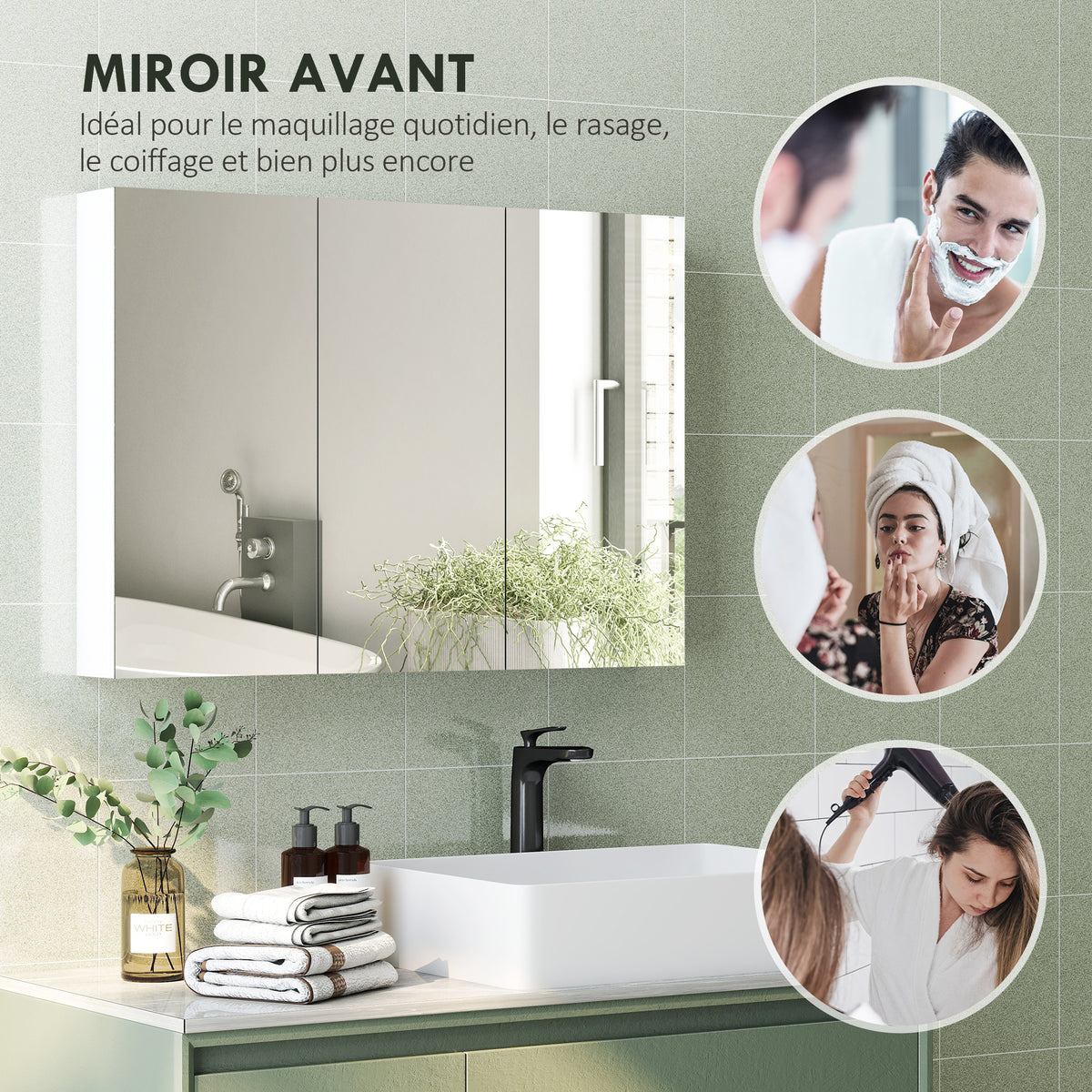 Armoire murale salle de bain avec miroir, armoire de toilette 3 portes miroir, étagères réglables, 91,5x11,5x65cm, blanc