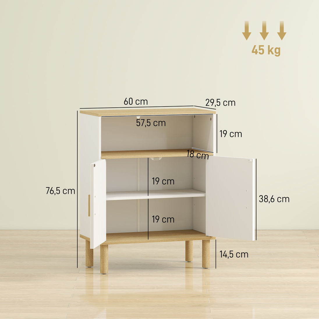 Meuble de salle de bain, meuble de rangement avec 2 portes, compartiment ouvert, étagère réglable, 60x29,5x76,5cm, blanc Aosom