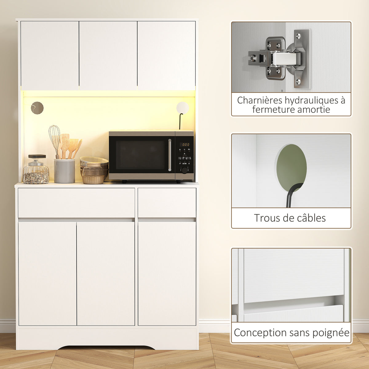 Buffet cuisine meuble cuisine rangement haut avec lumière LED RGB, plan de travail, 6 portes, 2 tiroirs, blanc