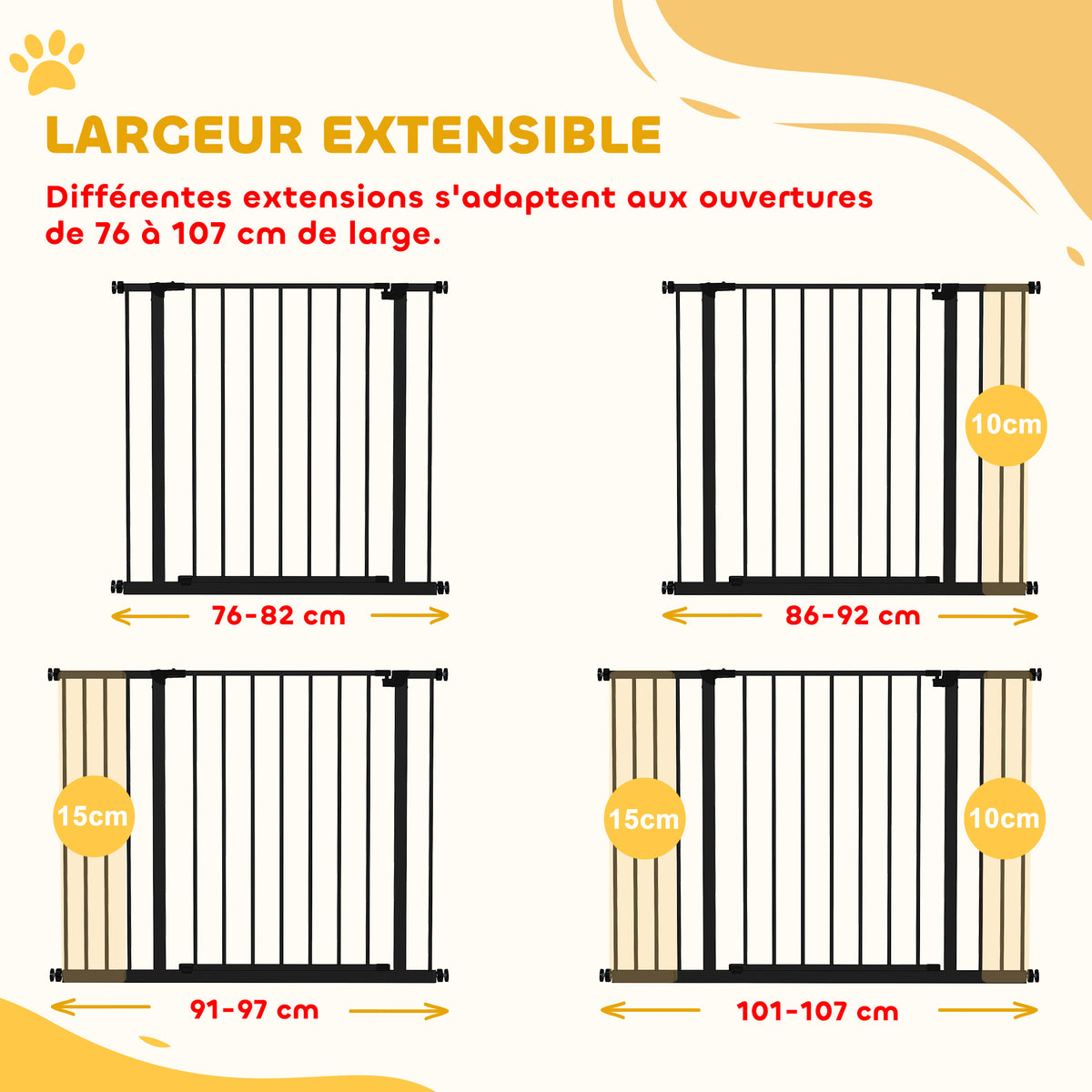 Barrière de Sécurité Chien Réglable 76-107 cm, avec 2 Rallonges (10/15 cm), Ouverture d'une Main, sans Perçage, Noir