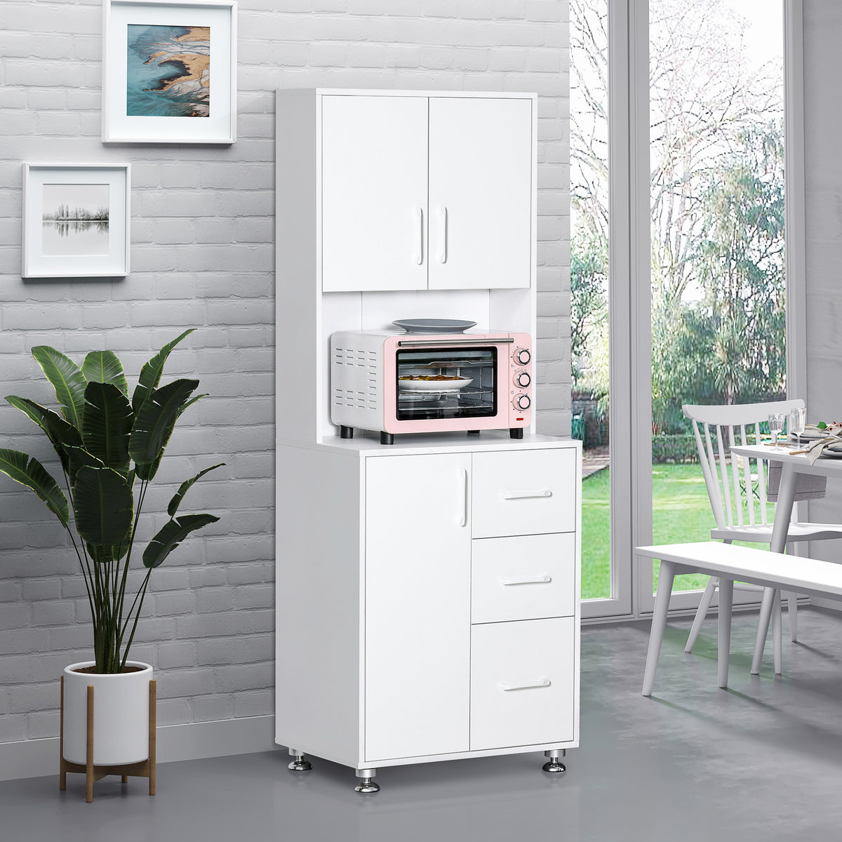 Buffet haut cuisine, armoire de cuisine avec 3 portes, 3 tiroirs et plan de travail, 60 x 40 x 160 cm, blanc