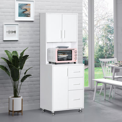 Buffet haut cuisine, armoire de cuisine avec 3 portes, 3 tiroirs et plan de travail, 60 x 40 x 160 cm, blanc