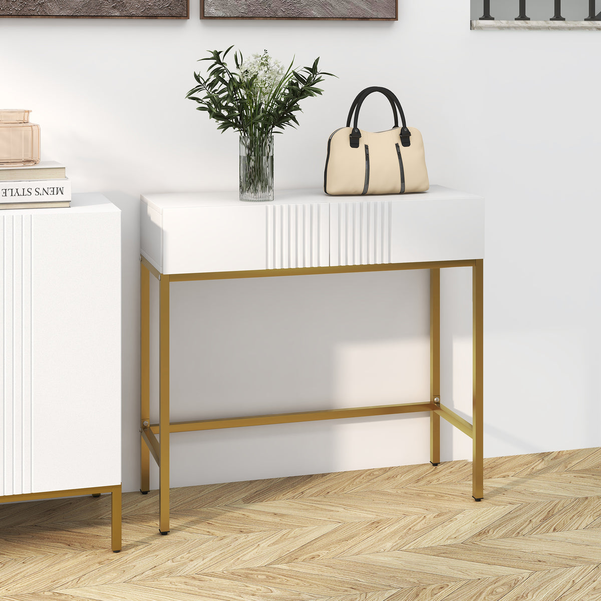 Table console console meuble avec 2 tiroirs base en acier avec pieds antidérapants 80 x 31,5 x 75 cm blanc