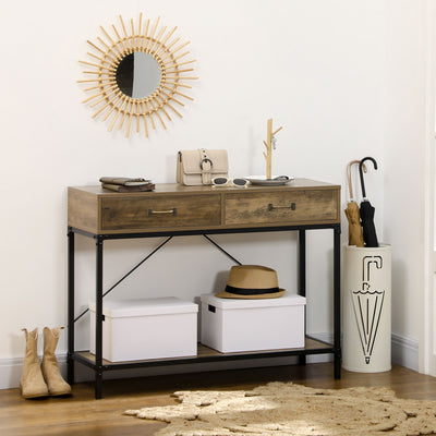 Table Console Table d'appoint d'entrée Industriel dim. 100L x 35l x 76H cm avec 2 tiroirs et 1 plateau Aspect Bois