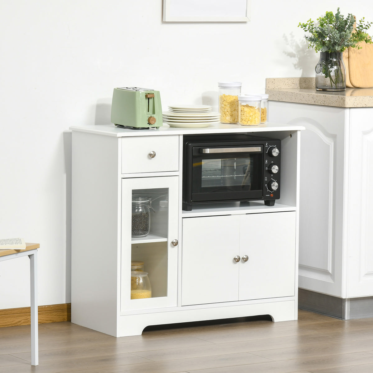 Meuble micro-ondes, buffet cuisine, armoire de rangement, pour cuisine, salle à Manger 90 x 40 x 82 cm verre trempé et bois, blanc