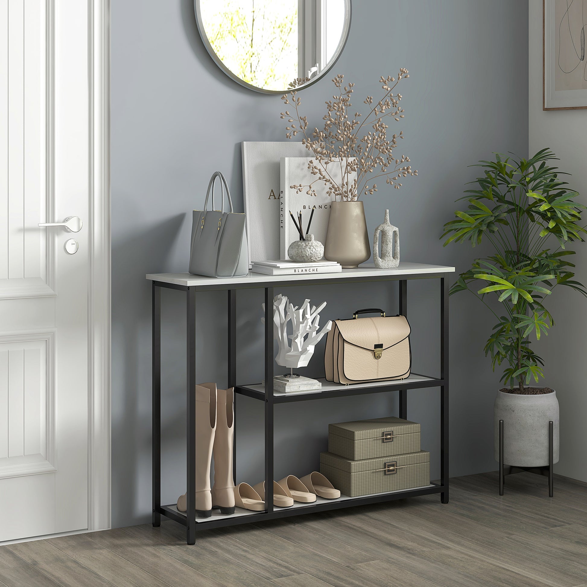 Console meuble 100 cm, table console 3 niveaux, plateaux en effet marbre, cadre en acier, blanc