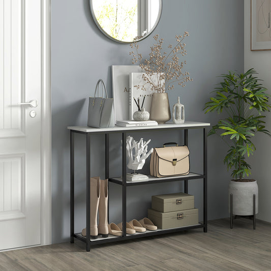 Console meuble 100 cm, table console 3 niveaux, plateaux en effet marbre, cadre en acier, blanc