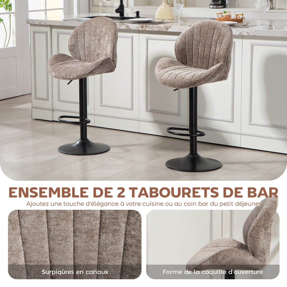 Lot de 2 tabourets de bar forme de coquillage, dossier, hauteur réglable et repose-pieds, cadre en acier, marron