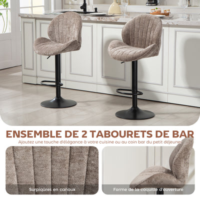 Lot de 2 tabourets de bar forme de coquillage, dossier, hauteur réglable et repose-pieds, cadre en acier, marron