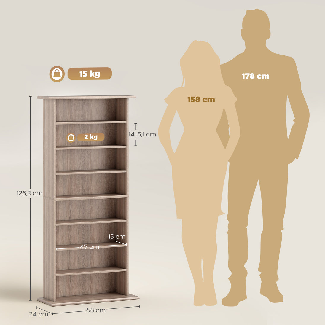 Rangements pour CD et DVD avec 8 compartiments et 6 étagères réglables, capacité max. 360 CD/185 DVD et Blu-ray, naturel Aosom