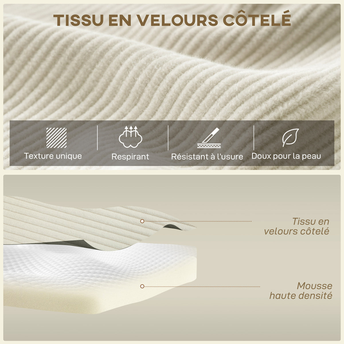 Canapé d'angle modulable 2 en 1, 267cm, canapé-lit 3 places en velours côtelé, larges assise et accoudoirs, crème