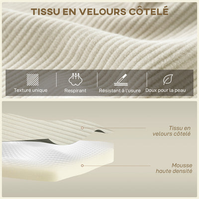 Canapé d'angle modulable 2 en 1, 267cm, canapé-lit 3 places en velours côtelé, larges assise et accoudoirs, crème
