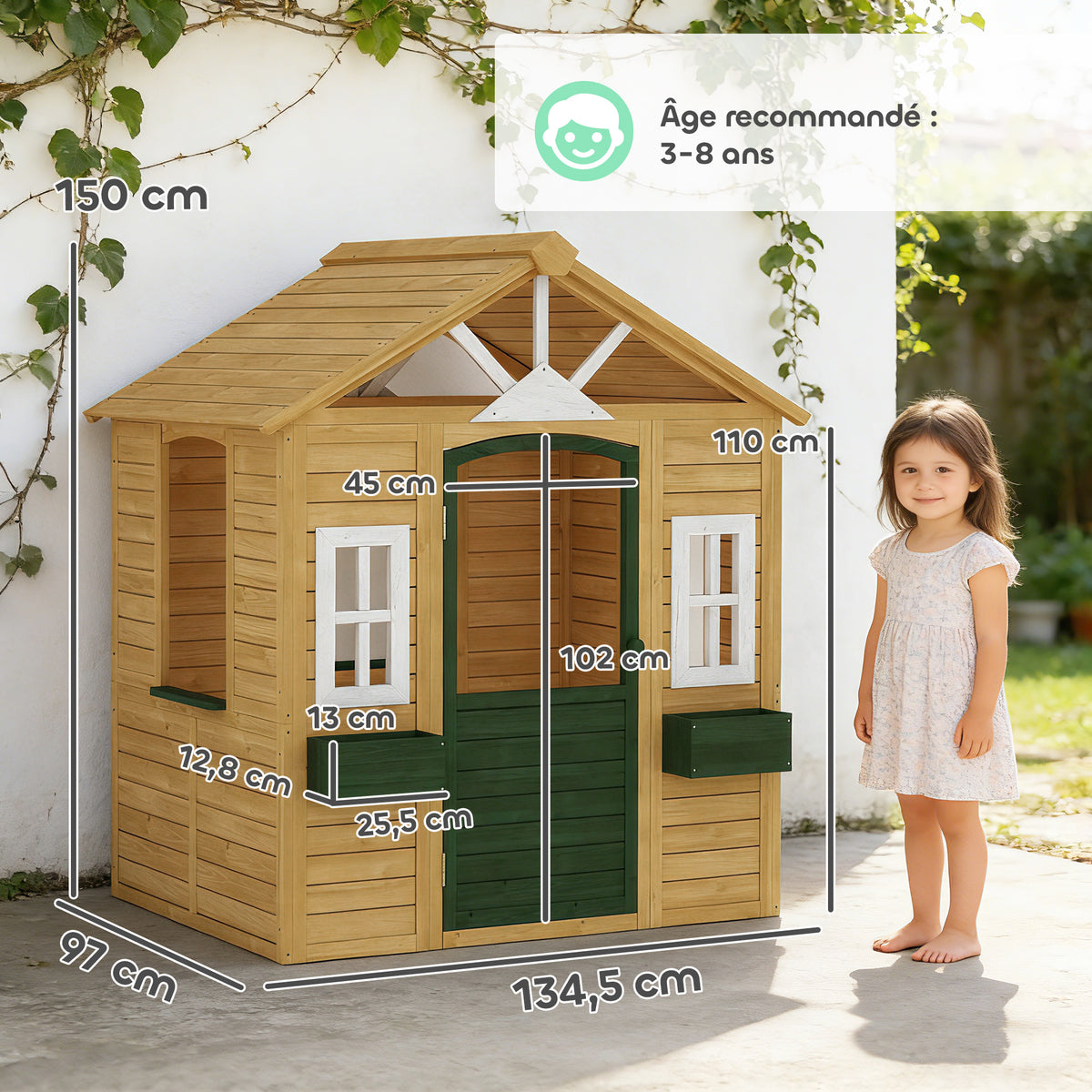 Cabane enfant extérieur en bois, maison enfant extérieure avec porte, fenêtres, 2 bacs à fleurs, 134,5x97x150cm, marron