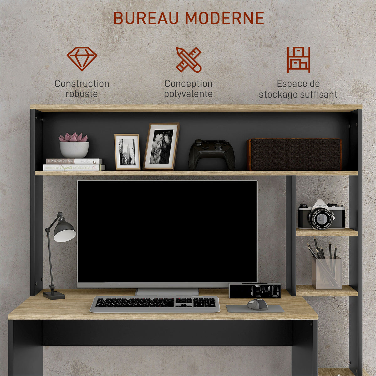 Bureau multi-rangements avec étagères, support pour unité centrale, grand bureau, 114L x 45l x 138H cm