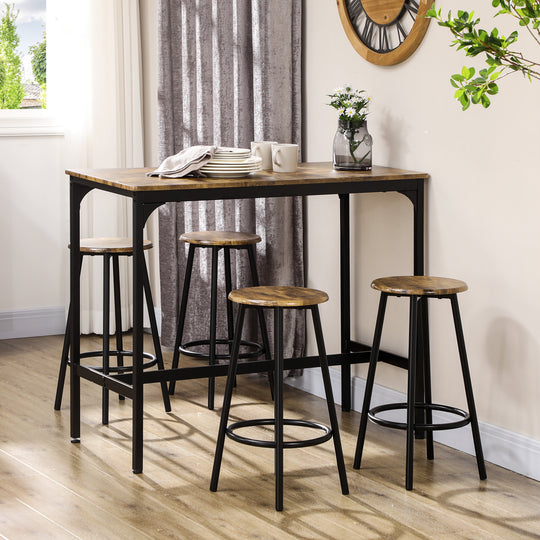 Ensemble table haute et 4 tabourets avec Repose-Pieds, métal noir et aspect bois pour cuisine salle à manger Aosom