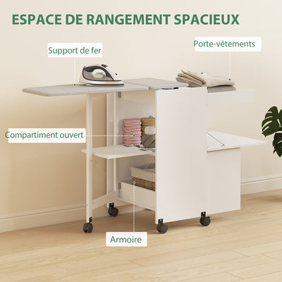 Meuble à repasser, table à repasser pliante sur roulettes avec portes par pression, charnières à fermeture douce, blanc