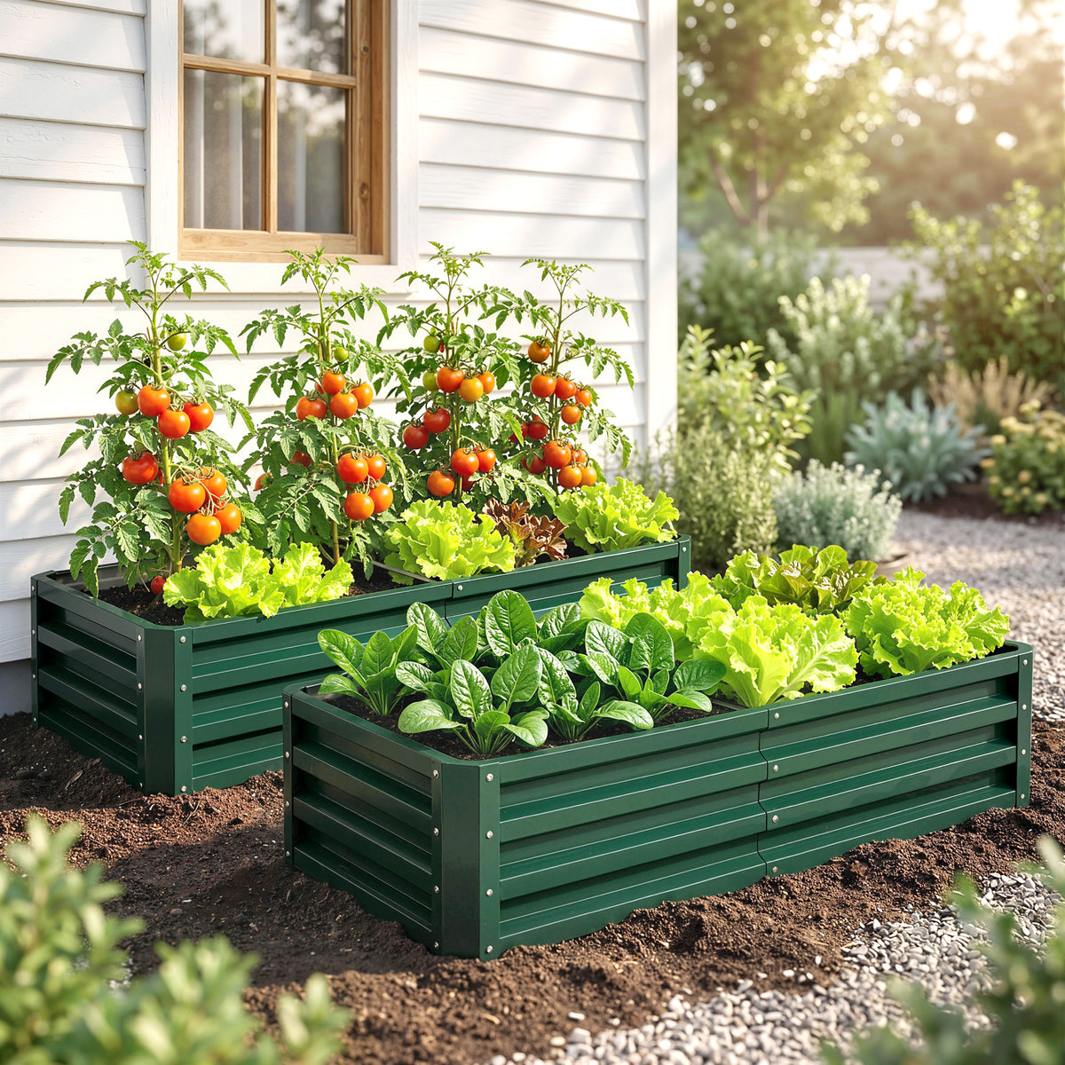 Lot de 2 Carrés Potagers de Jardin Rectangulaires, Tôle d'Acier Ondulée, 120 x 60 x 30,5 cm, Vert Foncé