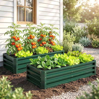 Lot de 2 Carrés Potagers de Jardin Rectangulaires, Tôle d'Acier Ondulée, 120 x 60 x 30,5 cm, Vert Foncé