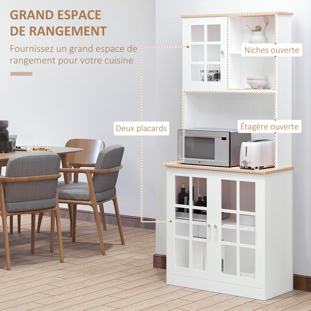 Buffet cuisine, meuble cuisine rangement haut, meuble de rangement avec plan de travail, 3 portes vitrées, 2