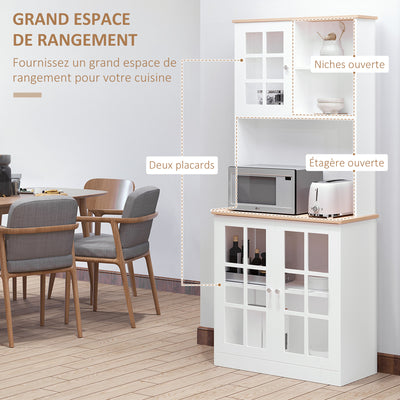 Buffet cuisine, meuble cuisine rangement haut, meuble de rangement avec plan de travail, 3 portes vitrées, 2