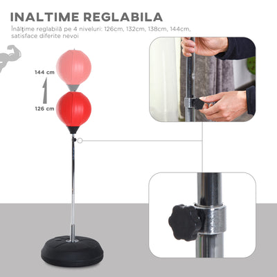 Sac de Frappe sur Pied Punching ball sur pied réglable en hauteur 126-144 cm avec gants, pompe et base de lestage pour adolescents et débutants rouge