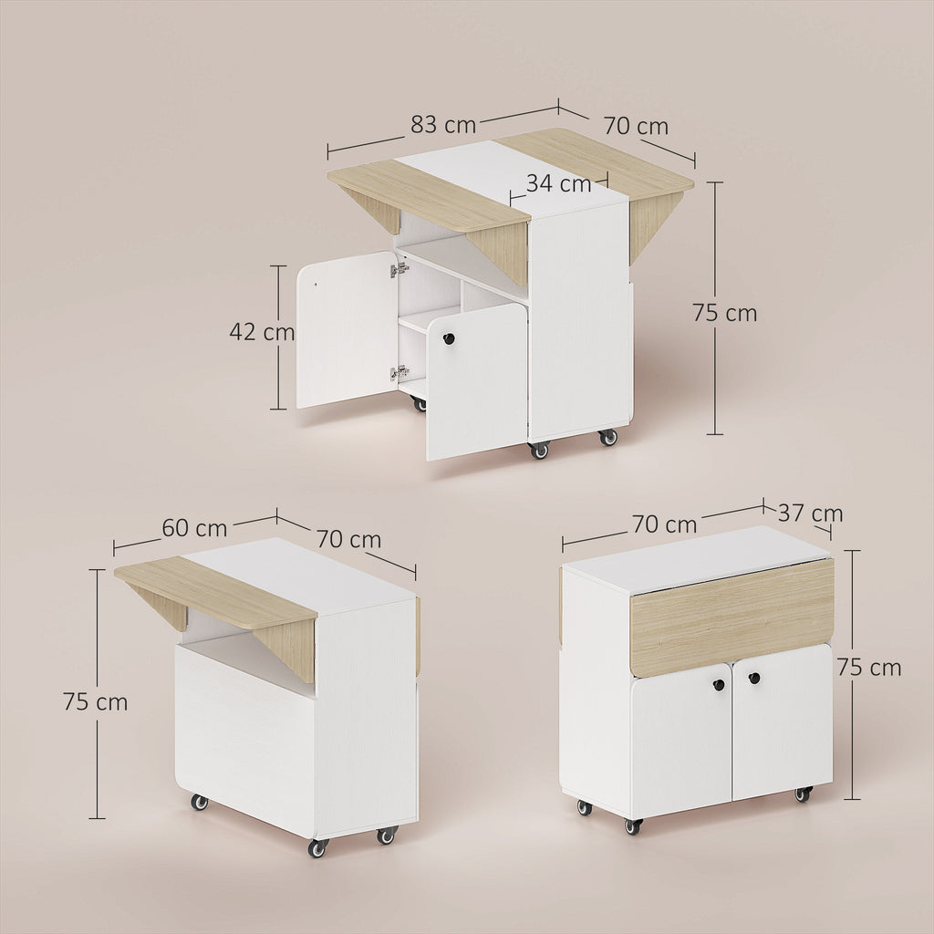 Table à manger pliante sur roulettes, table de cuisine 4 personnes, 2 abattants, étagère, placard, 70x83x75cm, blanc