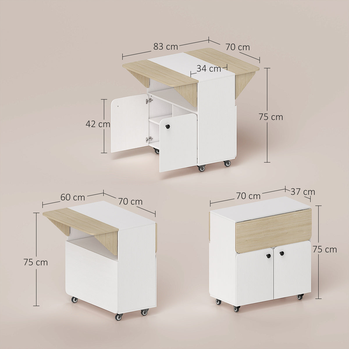 Table à manger pliante sur roulettes, table de cuisine 4 personnes, 2 abattants, étagère, placard, 70x83x75cm, blanc