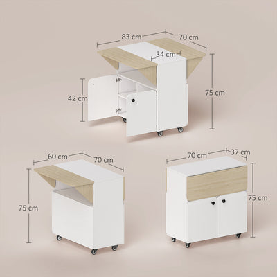 Table à manger pliante sur roulettes, table de cuisine 4 personnes, 2 abattants, étagère, placard, 70x83x75cm, blanc