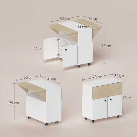 Table à manger pliante sur roulettes, table de cuisine 4 personnes, 2 abattants, étagère, placard, 70x83x75cm, blanc Aosom
