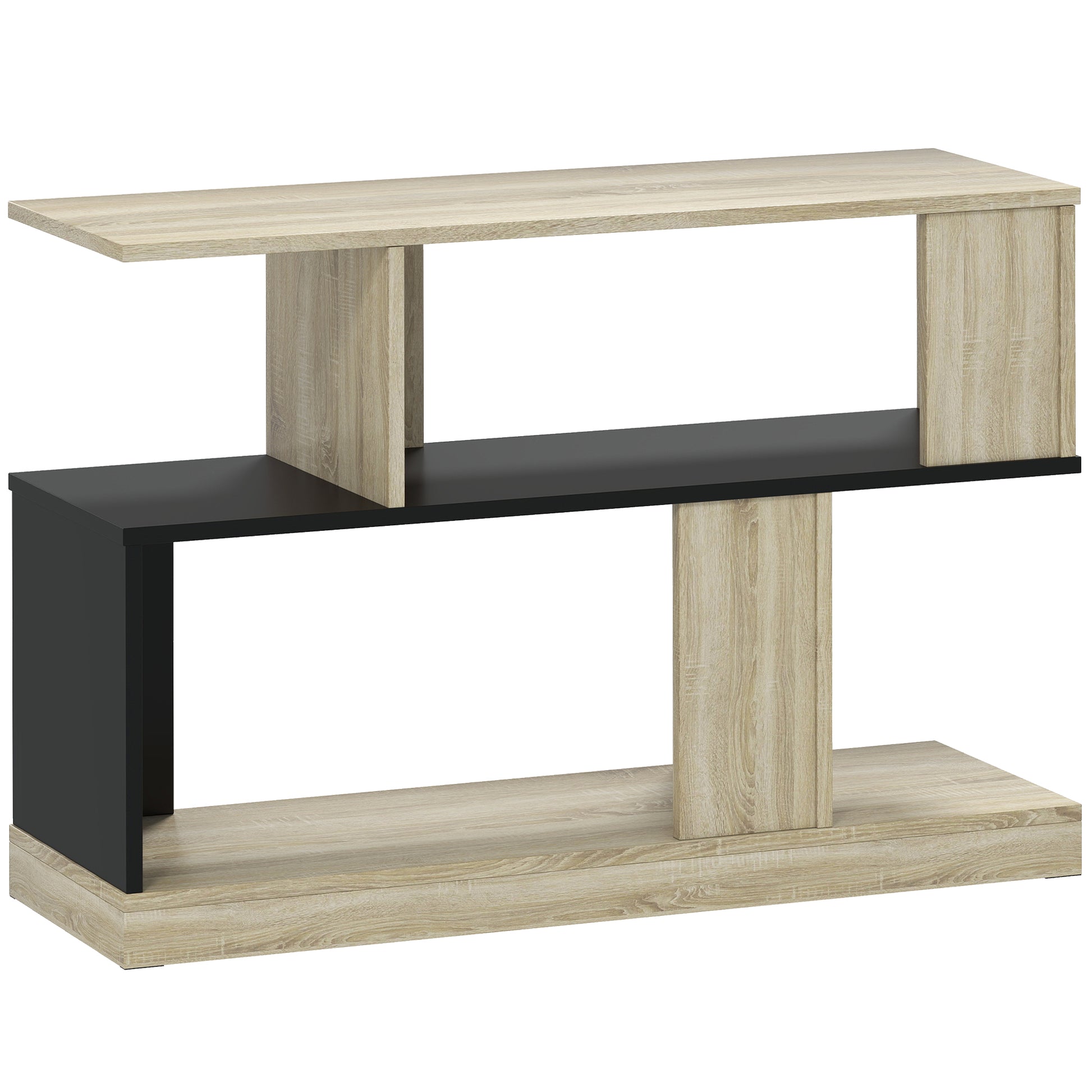 Table d'appoint en forme S, bout de canapé à 3 niveaux étagères de rangement, 90 x 30 x 61 cm, effet bois naturel noir