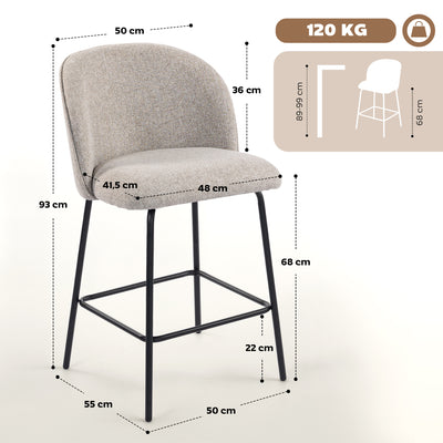 Lot de 2 Tabourets de Bar, Chaises de Bar, Repose-Pieds et Dossier, Tissu Effet Lin, Hauteur d'Assise 68cm, Gris Clair
