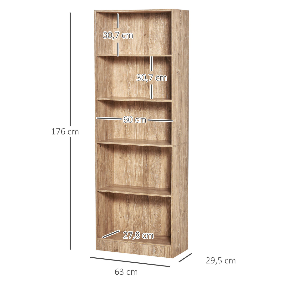 Bibliothèque, étagère de rangement à 5 niveaux avec étagères réglables, 63 x 29,2 x 176 cm, bois naturel