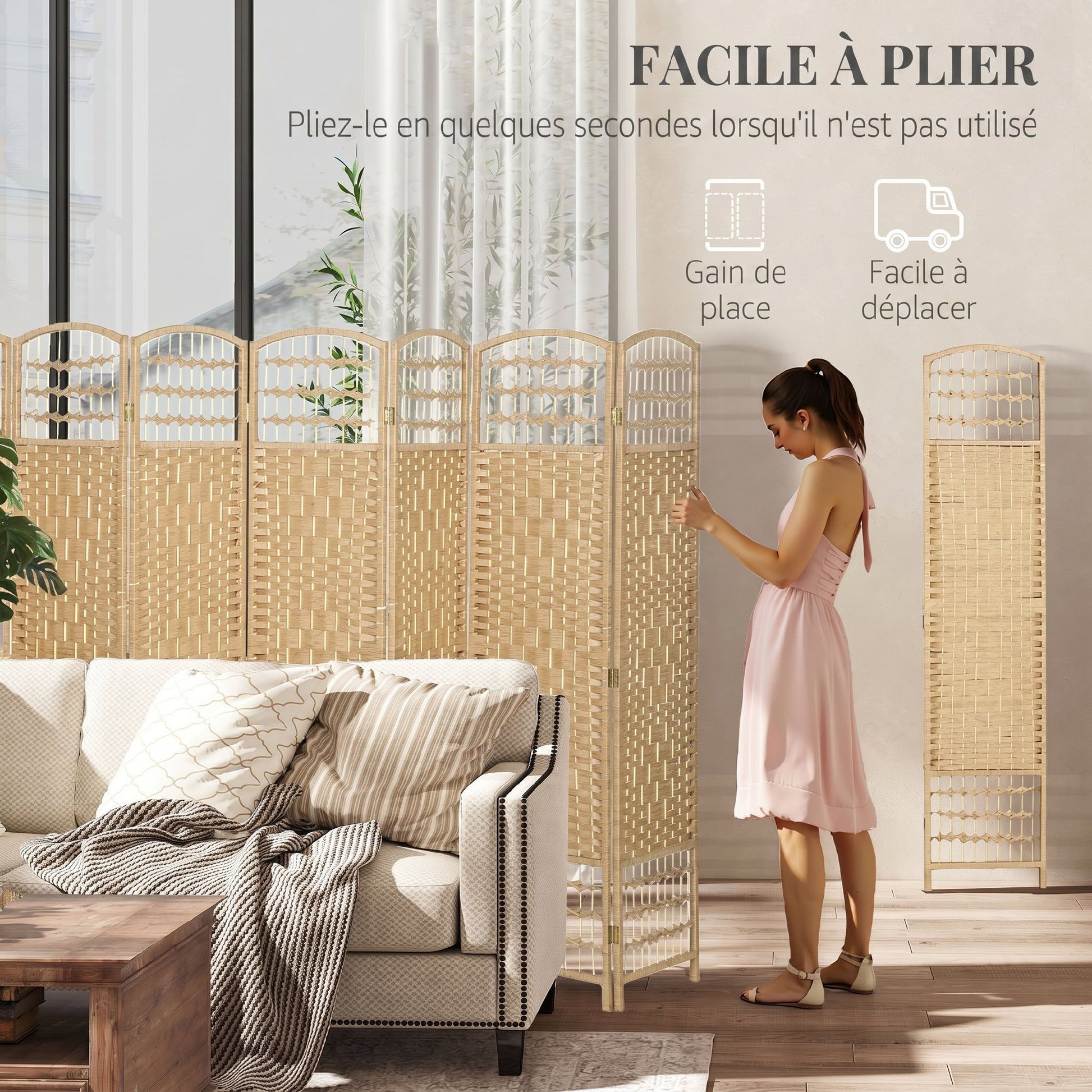 Paravent intérieur en bois séparateur de pièce cloison pliable 8 panneaux 320 x 170 cm bois naturel