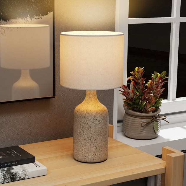 Lampe de Table avec Base en Céramique et Abat-Jour en Lin, Lampe de Chevet Rétro avec Culot E27, Blanc et Sable Aosom
