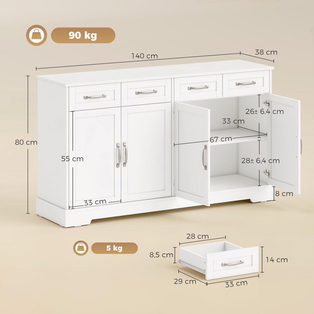 Buffet Cuisine avec Tiroirs, Portes, Étagères Réglables, Style Shaker, Dispositif Anti-Basculement, 140x38x80cm, Blanc Aosom