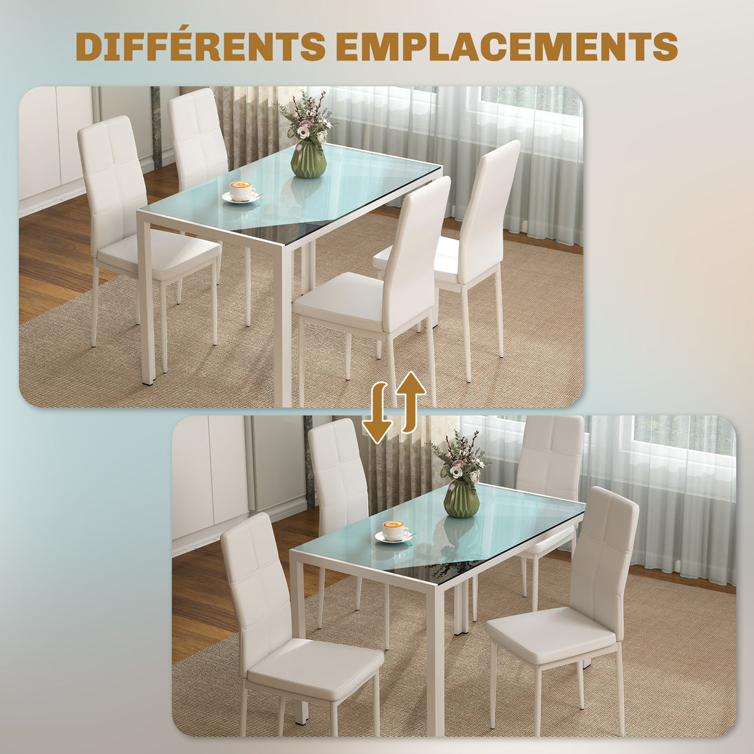 Ensemble table à manger et chaises pour 4 personnes, plateau rectangulaire en verre, pour cuisine salon maison, blanc Aosom
