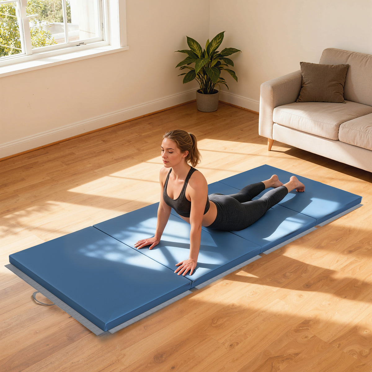 Tapis de gymnastique yoga pilates fitness pliable en 4 avec poignées revêtement synthétique 240 x 120 x 5 cm bleu clair Aosom