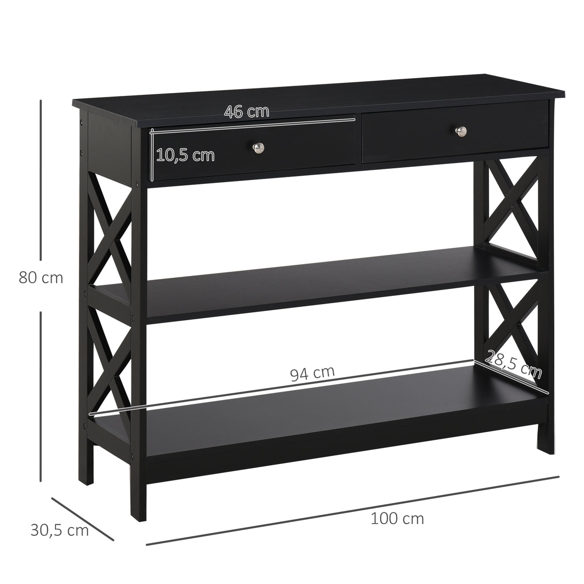 Table de console table d'entrée style table de drapier néo-rétro 2 tiroirs 2 étagères dim. 100L x 30,5l x 80H cm en bois noir
