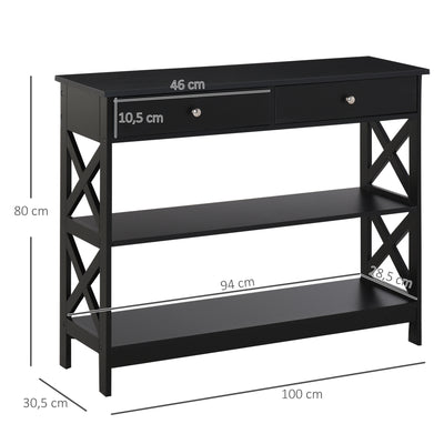 Table de console table d'entrée style table de drapier néo-rétro 2 tiroirs 2 étagères dim. 100L x 30,5l x 80H cm en bois noir